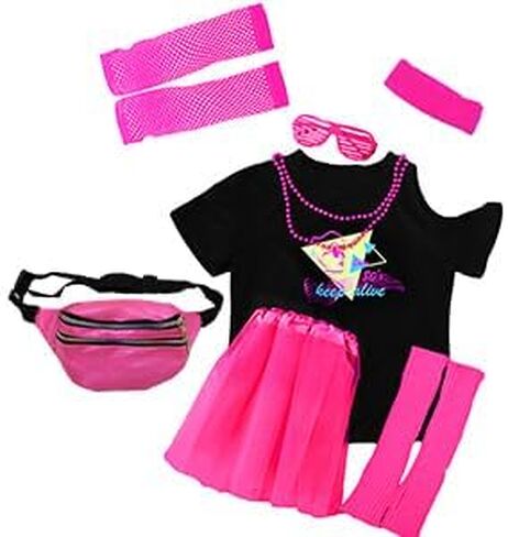13 Pieces Girls 80s Outfit Accessories Set 1980s Themed Party Clothes Halloween Costumes T-Shirt Tutu Kids Cosplay in Saudi Arabia