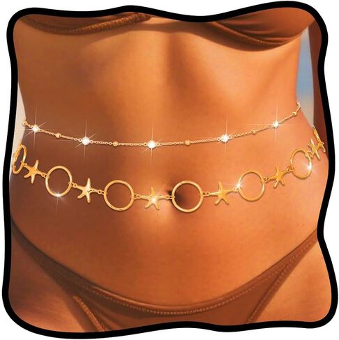 Urieo Rhinestone Waist Chain Diamond Gold Body Jewelry Crystal Layered Belly Chains for Women（Pack of 2) in Saudi Arabia