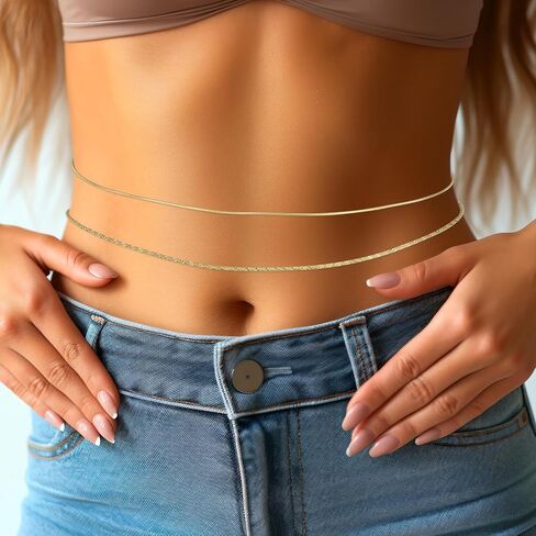 سلاسل الخصر 2 PCS للنساء ، حزام بطن الذهب حزام مقاوم للماء شاطئ قابلة للتعديل مثيرة بيكيني محجوزات المجوهر in Kuwait