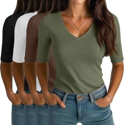 4 Pack Elbow Length Tee Shirts for Women V Neck Half Sleeve T Shirts Slim Fit 1/2 Sleeve Tops Basic Tees in Saudi Arabia