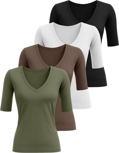 4 Pack Elbow Length Tee Shirts for Women V Neck Half Sleeve T Shirts Slim Fit 1/2 Sleeve Tops Basic Tees in Saudi Arabia
