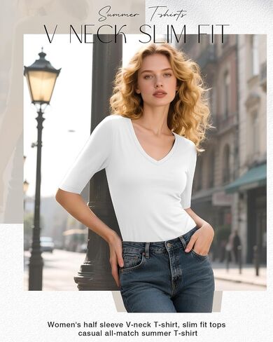4 Pack Elbow Length Tee Shirts for Women V Neck Half Sleeve T Shirts Slim Fit 1/2 Sleeve Tops Basic Tees in Saudi Arabia