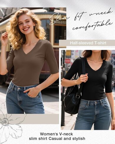 4 Pack Elbow Length Tee Shirts for Women V Neck Half Sleeve T Shirts Slim Fit 1/2 Sleeve Tops Basic Tees in Saudi Arabia