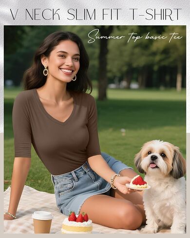 4 Pack Elbow Length Tee Shirts for Women V Neck Half Sleeve T Shirts Slim Fit 1/2 Sleeve Tops Basic Tees in Saudi Arabia