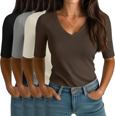 4 Pack Elbow Length Tee Shirts for Women V Neck Half Sleeve T Shirts Slim Fit 1/2 Sleeve Tops Basic Tees in Saudi Arabia