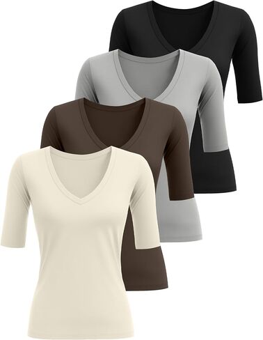 4 Pack Elbow Length Tee Shirts for Women V Neck Half Sleeve T Shirts Slim Fit 1/2 Sleeve Tops Basic Tees in Saudi Arabia