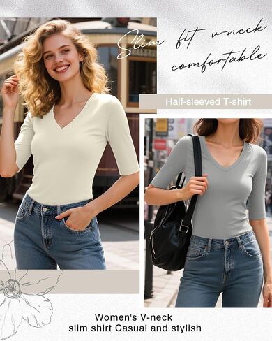 4 Pack Elbow Length Tee Shirts for Women V Neck Half Sleeve T Shirts Slim Fit 1/2 Sleeve Tops Basic Tees in Saudi Arabia