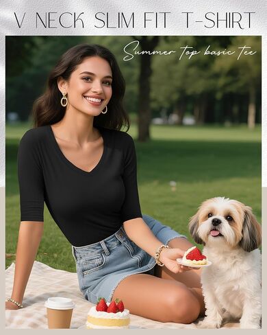 4 Pack Elbow Length Tee Shirts for Women V Neck Half Sleeve T Shirts Slim Fit 1/2 Sleeve Tops Basic Tees in Saudi Arabia