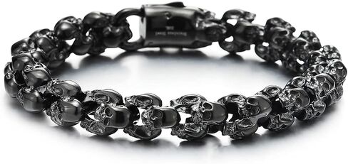COOLSTEELANDBEYOND Gothic Biker Black 3D Link of Skulls Bracelet for Men Women Polished in Saudi Arabia