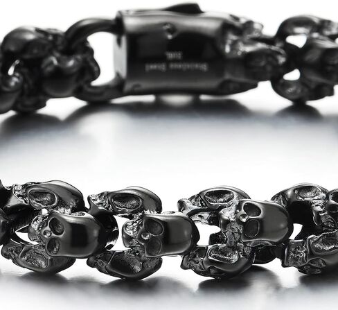 COOLSTEELANDBEYOND Gothic Biker Black 3D Link of Skulls Bracelet for Men Women Polished in Saudi Arabia