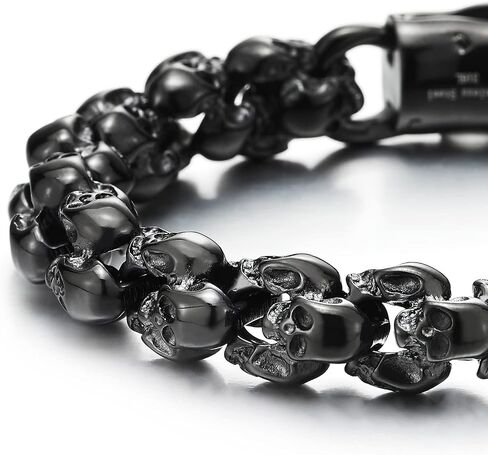 COOLSTEELANDBEYOND Gothic Biker Black 3D Link of Skulls Bracelet for Men Women Polished in Saudi Arabia