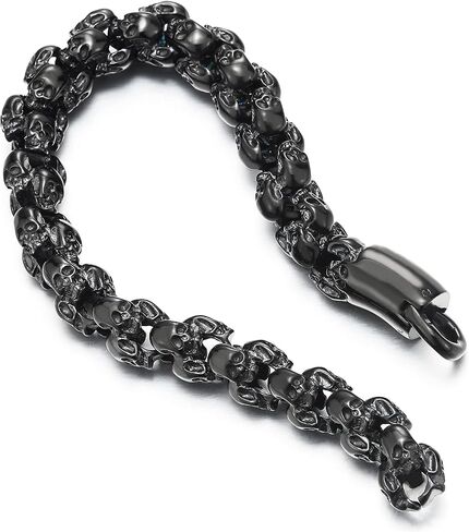 COOLSTEELANDBEYOND Gothic Biker Black 3D Link of Skulls Bracelet for Men Women Polished in Saudi Arabia