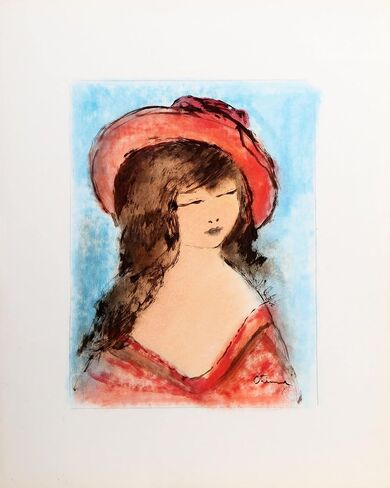 Roger Etienne, Portrait of Girl 149 Gouache on Paper, signed lower right in Saudi Arabia