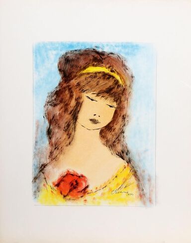 Roger Etienne, Portrait of Girl 85 Gouache On Paper, signed lower right in Saudi Arabia
