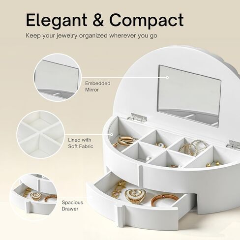 Jewelry Box with Mirror, Jewelry Organizer with Drawer, Multiple Storage Compartments, Slots for Necklaces, Earrings, and Bracelets in Kuwait