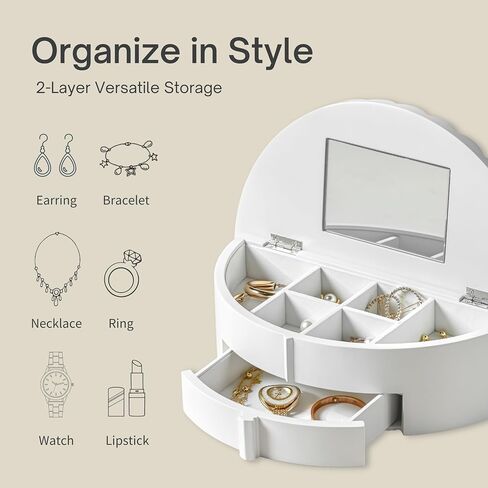 Jewelry Box with Mirror, Jewelry Organizer with Drawer, Multiple Storage Compartments, Slots for Necklaces, Earrings, and Bracelets in Kuwait