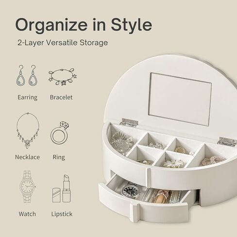 Jewelry Box with Mirror, Jewelry Organizer with Drawer, Multiple Storage Compartments, Slots for Necklaces, Earrings, and Bracelets in Kuwait