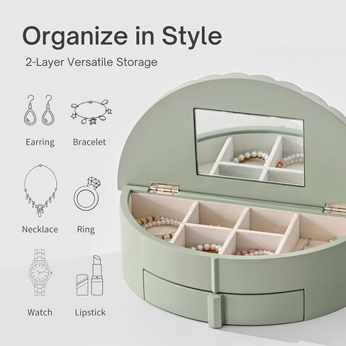 Jewelry Box with Mirror, Jewelry Organizer with Drawer, Multiple Storage Compartments, Slots for Necklaces, Earrings, and Bracelets in Kuwait