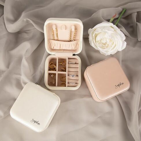 Andaz Press Personalized Jewelry Box For Women, 4"X4" Small Portable Travel Case Organizer Storage For Accessories, Bridesmaids, Personalized Jewelry Travel Case, Birthday Christmas Ideas, White in Kuwait