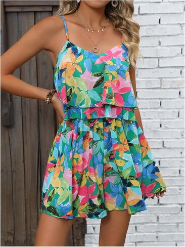 Women's Boho Wide Leg Short Romper Spaghetti Strap Layered Ruffle Vacation Summer Jumpsuit in Saudi Arabia