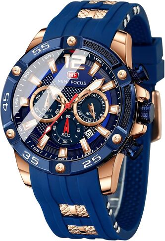 MF MINI FOCUS Men Watch, Chronograph Waterproof Sport Analog Quartz Watches Blue Silicon Strap Fashion Wristwatch for Men in Saudi Arabia