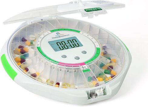 Automatic Pill Dispenser w/Alarm, Sound & Light, 28-Day Locked Medication Dispenser w/Easy-Read Display, Timed Dispenser Up to 9 Dosage Templates for Prescriptions, Vitamins & More, Clear in Saudi Arabia
