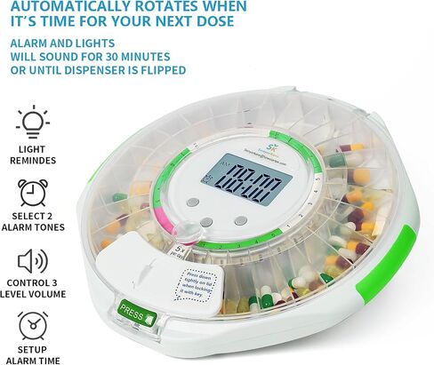 Automatic Pill Dispenser w/Alarm, Sound & Light, 28-Day Locked Medication Dispenser w/Easy-Read Display, Timed Dispenser Up to 9 Dosage Templates for Prescriptions, Vitamins & More, Clear in Saudi Arabia