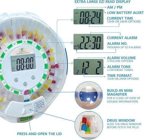 Automatic Pill Dispenser w/Alarm, Sound & Light, 28-Day Locked Medication Dispenser w/Easy-Read Display, Timed Dispenser Up to 9 Dosage Templates for Prescriptions, Vitamins & More, Clear in Saudi Arabia