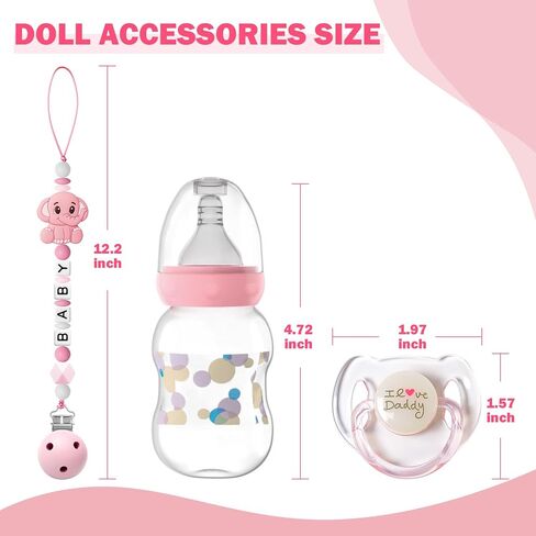 SCOM 3 Pcs Reborn Baby Doll Accessories Set - Magnetic Pacifiers & Baby Bottles with Silicone Pacifier Clips for Reborn Dolls Boys & Girls for Doll Lovers in Kuwait