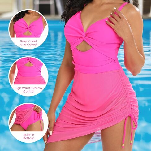 Women's One Piece Swimsuit Tummy Control Swim Dress V Neck Cutout Bathing Suits Wrap Drawstring Sarong Swimwear in Kuwait