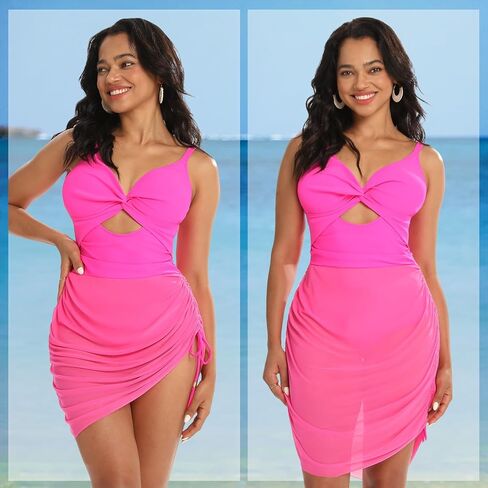 Women's One Piece Swimsuit Tummy Control Swim Dress V Neck Cutout Bathing Suits Wrap Drawstring Sarong Swimwear in Kuwait