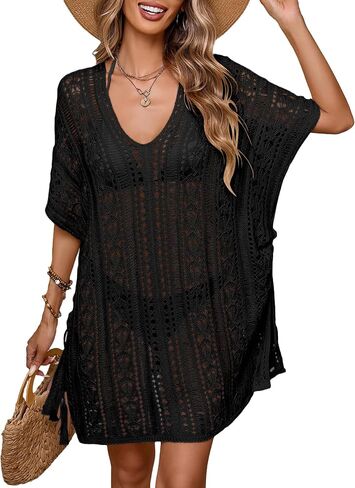 Womens Crochet Knit Swimsuit Coverup Beach Dress Summer 2025 Oversized V Neck Cap Sleeve Bathing Suit Cover Up in Saudi Arabia