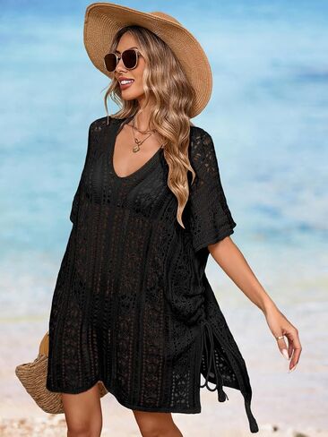 Womens Crochet Knit Swimsuit Coverup Beach Dress Summer 2025 Oversized V Neck Cap Sleeve Bathing Suit Cover Up in Saudi Arabia