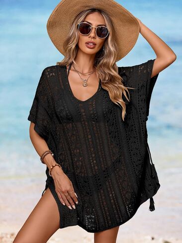 Womens Crochet Knit Swimsuit Coverup Beach Dress Summer 2025 Oversized V Neck Cap Sleeve Bathing Suit Cover Up in Saudi Arabia