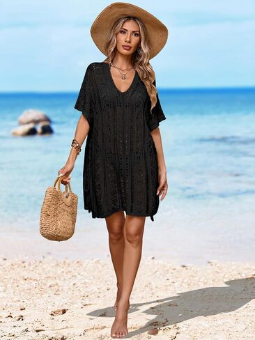 Womens Crochet Knit Swimsuit Coverup Beach Dress Summer 2025 Oversized V Neck Cap Sleeve Bathing Suit Cover Up in Saudi Arabia