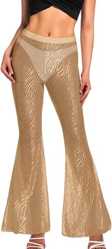 Women Sexy Mesh Flare Pants, Sheer See Through Bell Bottom Leggings, Beach Bathing Suit Cover Up Festival Rave Outfit in Saudi Arabia