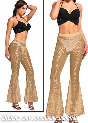 Women Sexy Mesh Flare Pants, Sheer See Through Bell Bottom Leggings, Beach Bathing Suit Cover Up Festival Rave Outfit in Saudi Arabia