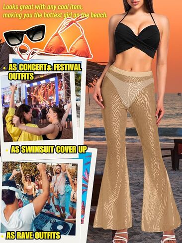 Women Sexy Mesh Flare Pants, Sheer See Through Bell Bottom Leggings, Beach Bathing Suit Cover Up Festival Rave Outfit in Saudi Arabia