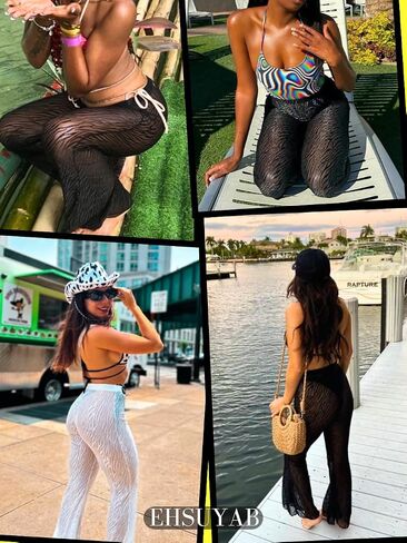 Women Sexy Mesh Flare Pants, Sheer See Through Bell Bottom Leggings, Beach Bathing Suit Cover Up Festival Rave Outfit in Saudi Arabia