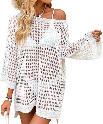 Crochet Swimsuit Cover Ups for Women Sexy Mesh Hollow Out Bikini Cover Up Summer Beach Swimwear Knit Pullover Tops in Kuwait