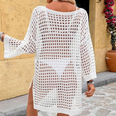 Crochet Swimsuit Cover Ups for Women Sexy Mesh Hollow Out Bikini Cover Up Summer Beach Swimwear Knit Pullover Tops in Kuwait
