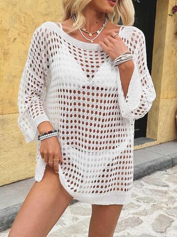 Crochet Swimsuit Cover Ups for Women Sexy Mesh Hollow Out Bikini Cover Up Summer Beach Swimwear Knit Pullover Tops in Kuwait