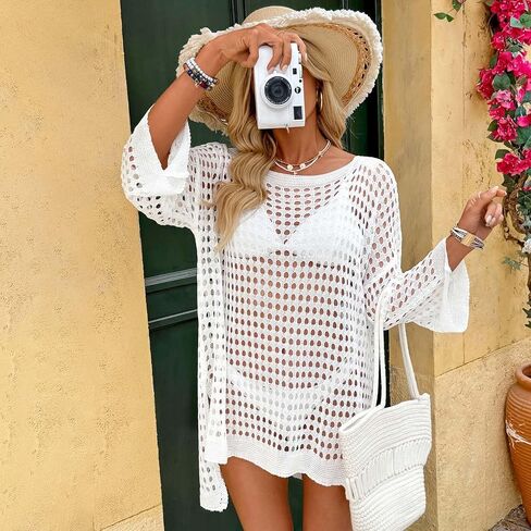 Crochet Swimsuit Cover Ups for Women Sexy Mesh Hollow Out Bikini Cover Up Summer Beach Swimwear Knit Pullover Tops in Kuwait