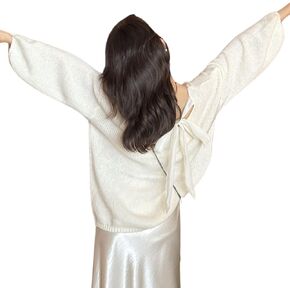 FindThy Women’s Bow Sweater Cute Tie Back Crewneck Long Sleeve Oversized Knitted Pullover Tops in Saudi Arabia