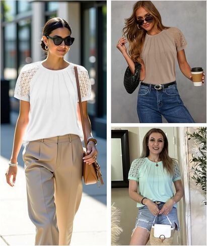 ATHMILE Womens Tshirts Trendy Fashion Tops Lace Short Sleeve Business Tee Shirts Casual Knitted Blouses Summer Outfits 2025 in Kuwait