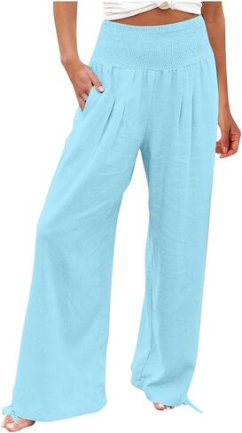 Womens Linen Wide Leg Pants Beach Vacation Outfits Summer Boho Casual Lounge Pant Flowy High Waist Palazzo Trousers in Saudi Arabia