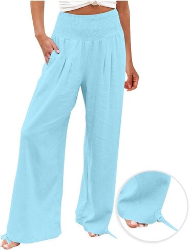 Womens Linen Wide Leg Pants Beach Vacation Outfits Summer Boho Casual Lounge Pant Flowy High Waist Palazzo Trousers in Saudi Arabia