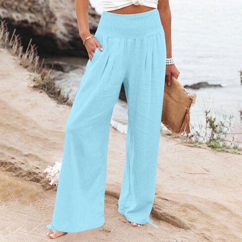 Womens Linen Wide Leg Pants Beach Vacation Outfits Summer Boho Casual Lounge Pant Flowy High Waist Palazzo Trousers in Saudi Arabia