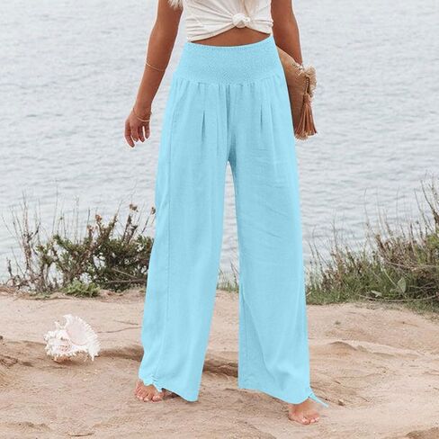 Womens Linen Wide Leg Pants Beach Vacation Outfits Summer Boho Casual Lounge Pant Flowy High Waist Palazzo Trousers in Saudi Arabia