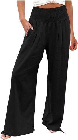Womens Linen Wide Leg Pants Beach Vacation Outfits Summer Boho Casual Lounge Pant Flowy High Waist Palazzo Trousers in Saudi Arabia